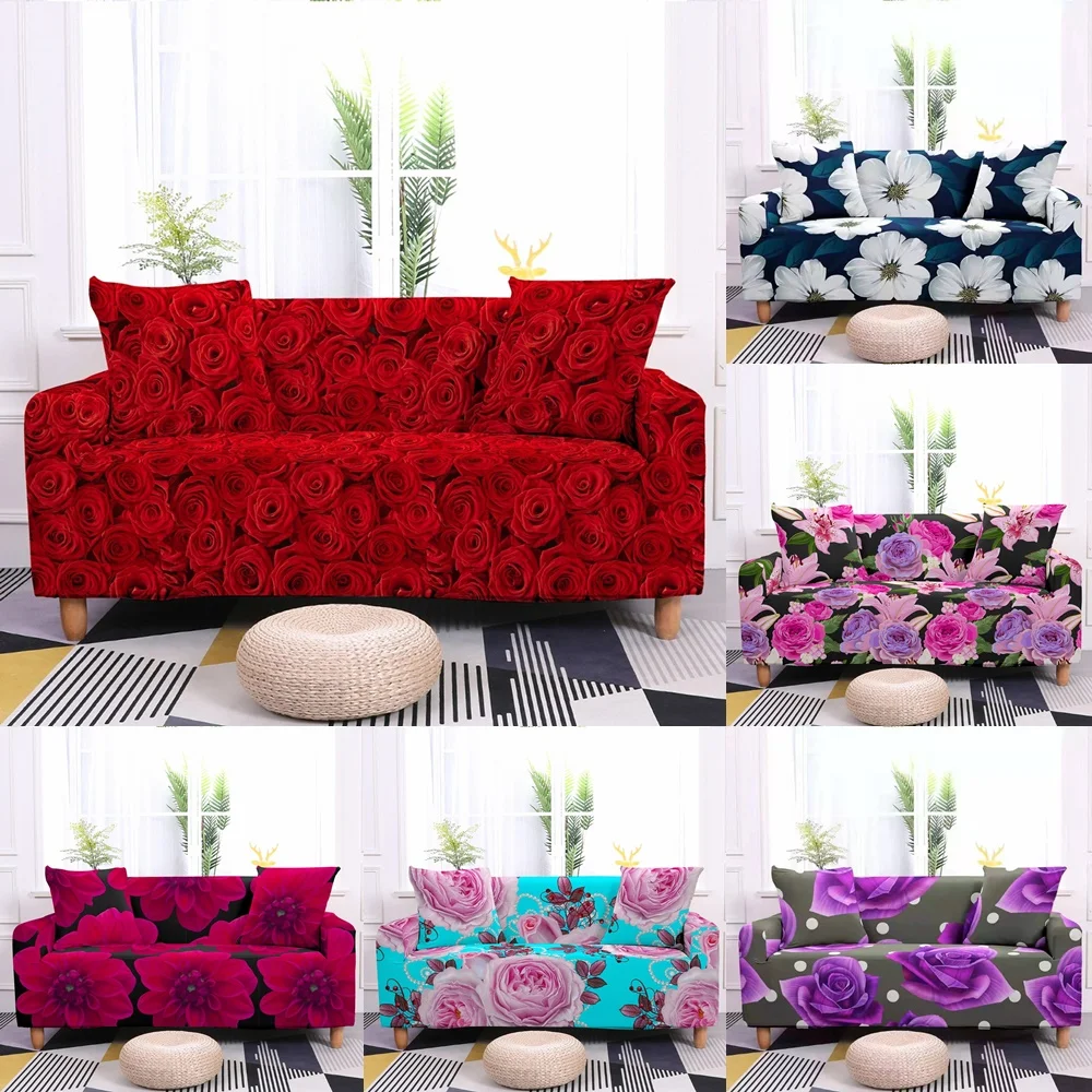 

Red Rose Elastic Sofa Cover Living Room Decor Flowers Rural Couch Covers Sectional Corner Purple Pink Floral Armchair Slipcovers