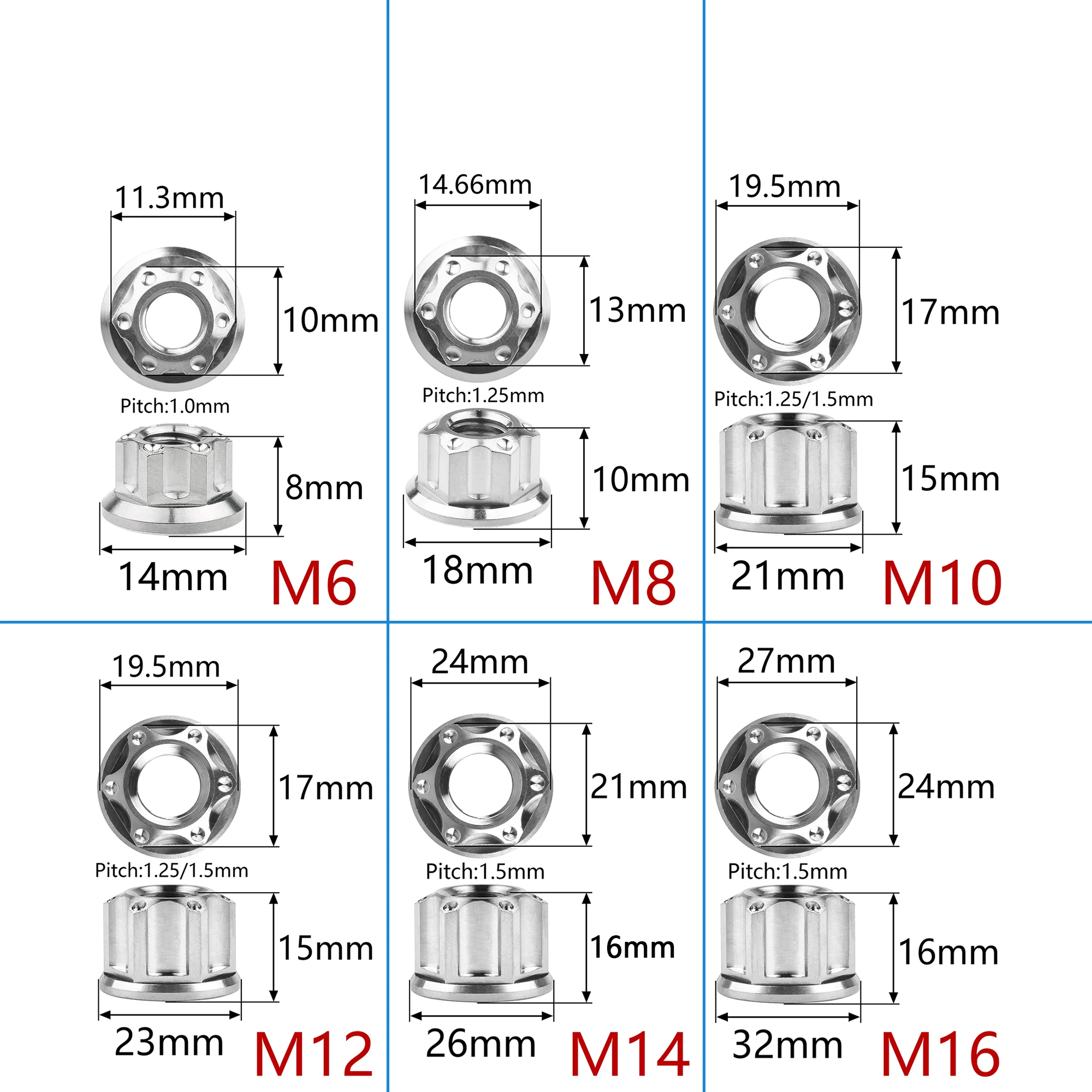Гайки из титанового сплава Wanyifa Grade 5, M6, M8, M10, M12 (шаг 1.25 мм), M14, M16 (шаг 1.5 мм), шестигранные фланцевые гайки Torx, крепеж для мотоциклов, 4 шт. (art.: 3920db404f658) - 3920db404f658