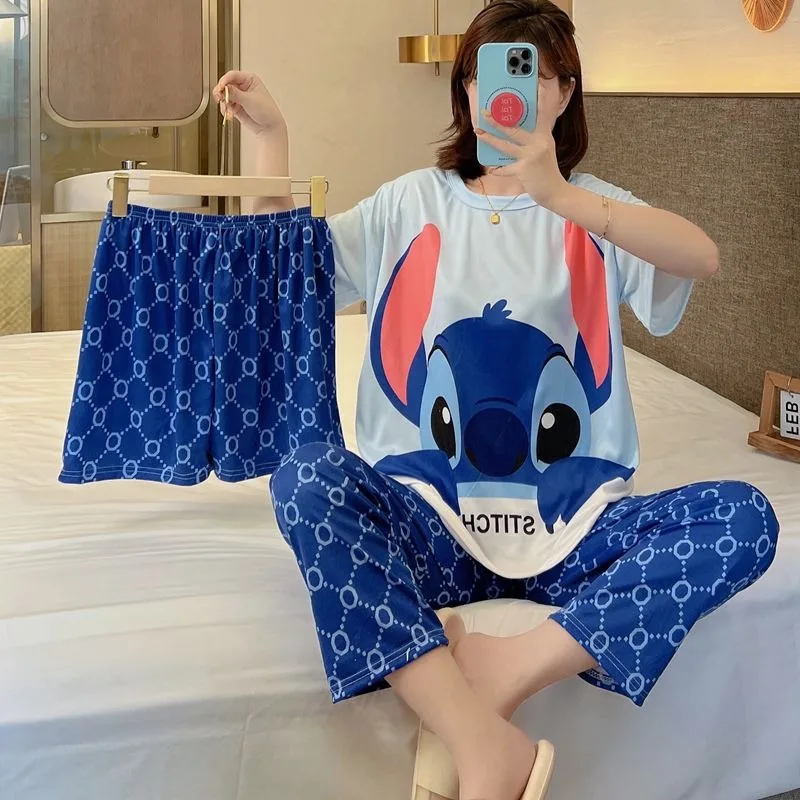 

Disney Autumn and Summer Women's Pajamas Set Cotton Three-piece Short Sleeve + Shorts + Pants Cartoon Homewear Clothing Set