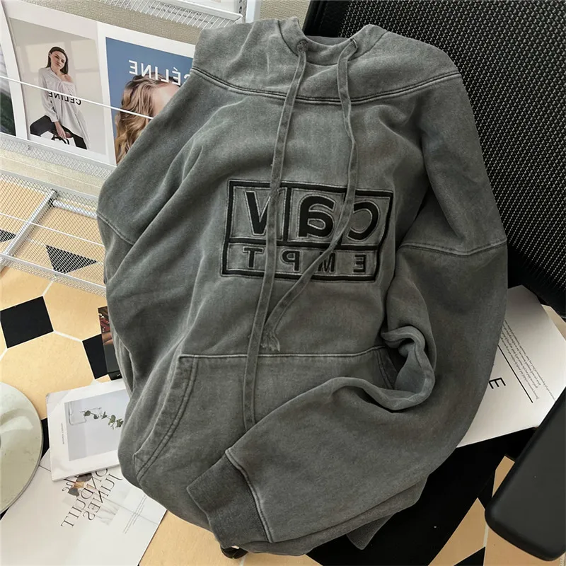 

America Retro Letter Embroidered Hoodie Autumn Loose Distressed Fashion Pullover High Street Women Harajuku Hoodies