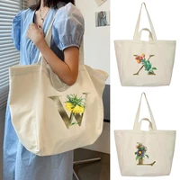 summer women canvas shopping bag girl travel shoulder handbag initials bag with flowers reusable large grocery organizer shopper