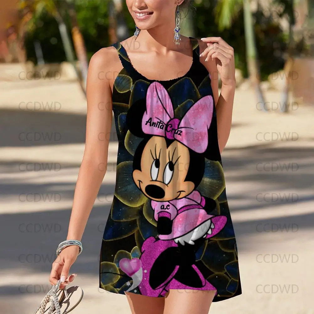 

Top Robe Minnie Mouse Summer Dresses Woman 2022 Mickey Beach Sexy Dress Women's Graffiti Y2k Loose Cartoon Disney Sling Print