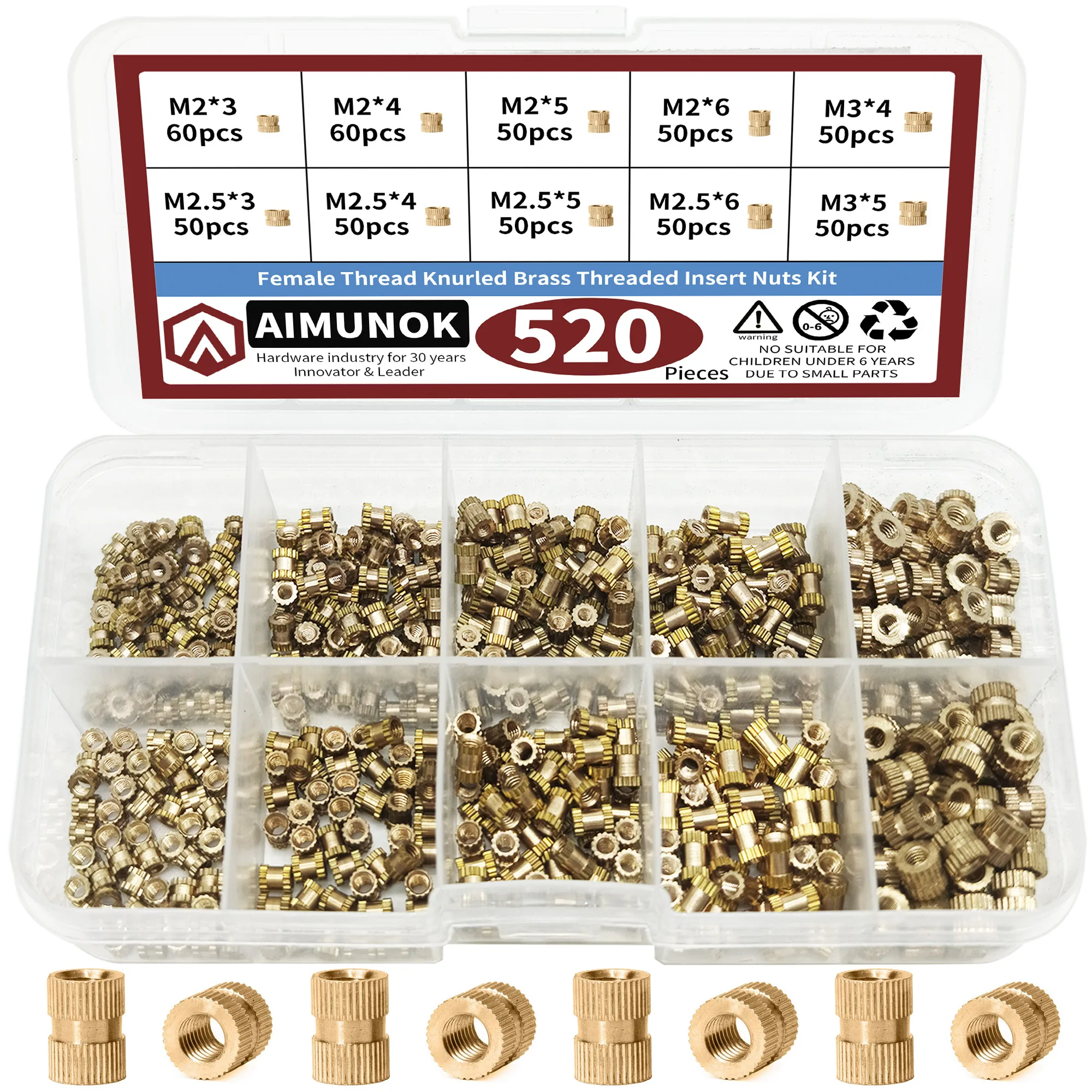 520 шт. комплект гаек с внутренней резьбой и накаткой из латуни M2 M2.5 M3 (50stread