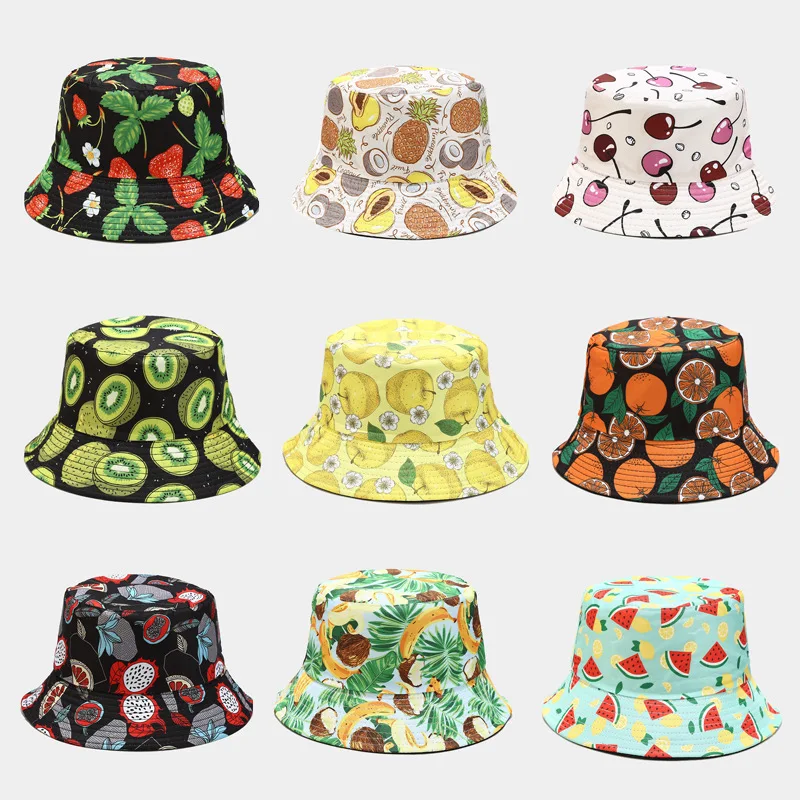 

2022 Creative New Fruit Pattern Print Bucket Hat Fisherman Hat Men Women Outdoor Sunscreen Sun Hat Double Reversible Basin Hat