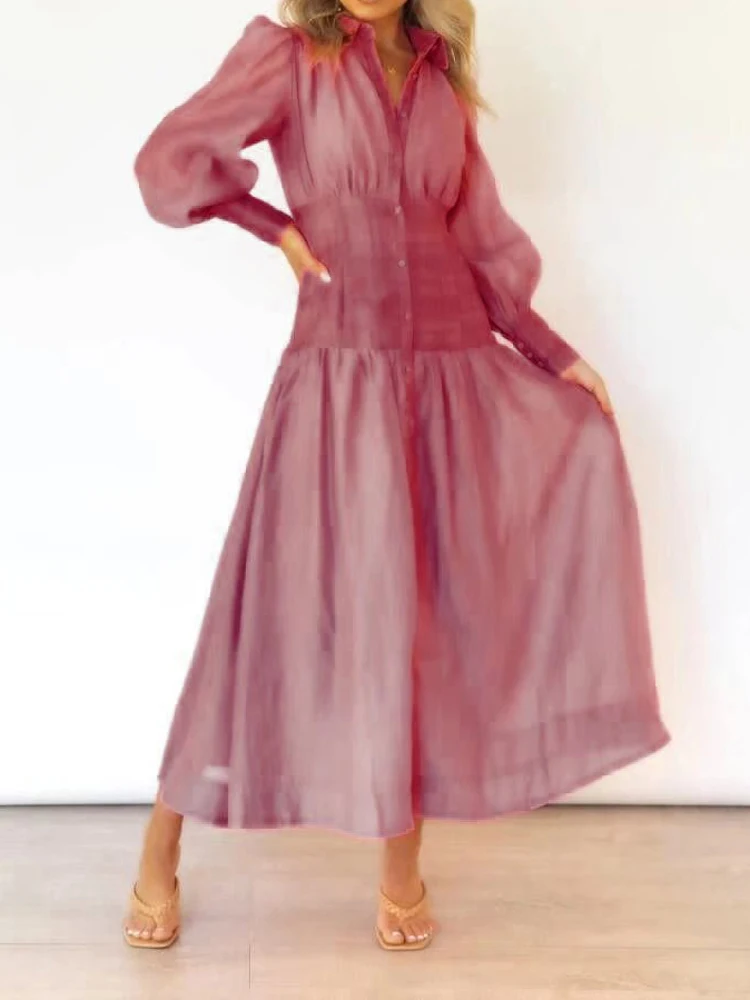 

A.D.EAST-European and American wind French small summer female design lapel long-sleeved dress pink shirt-L58X685054
