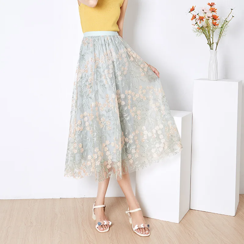 

Embroidered Flower Gauze Skirt Women's Summer Slim Waist Big Skirt Fairy Gauze Skirt Long Skirt