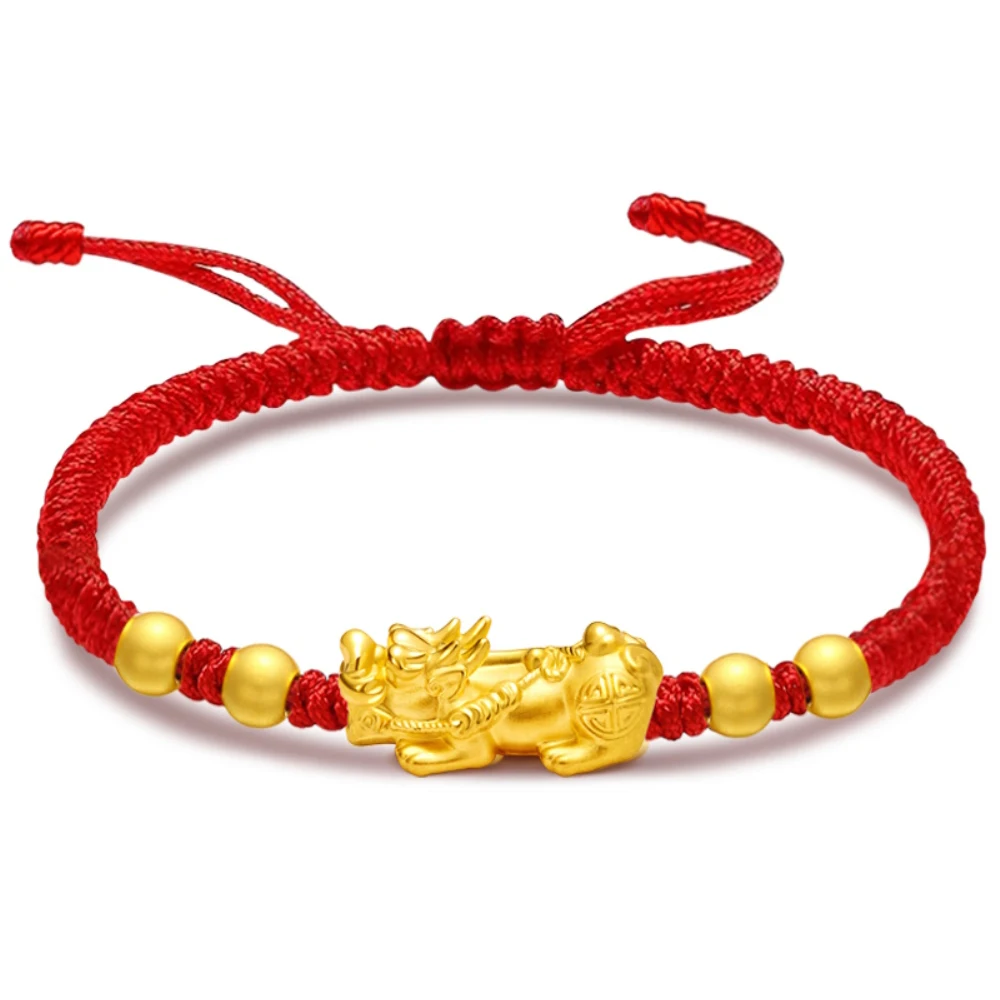 

New Authentic 24K Yellow Gold 3D Lucky Pixiu Smooth Bead Red Cord Knitted Bracelet