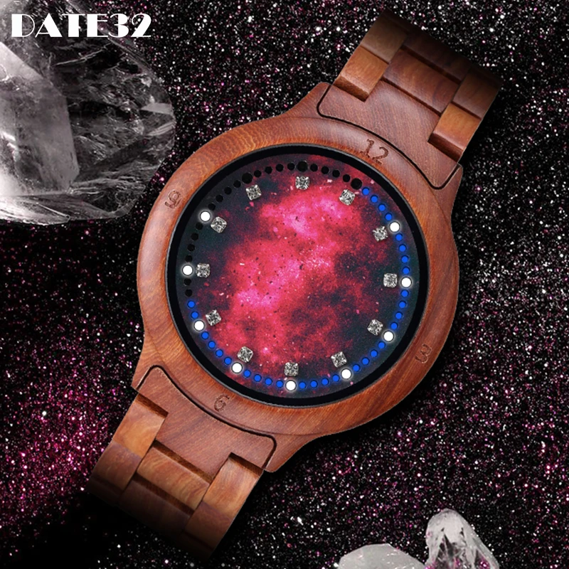 

Натуральные часы из бамбука для мужчин, 12 созвездий, планеты, светодиодный циферблат, полностью из натурального дерева, алмазные часы, мужск...