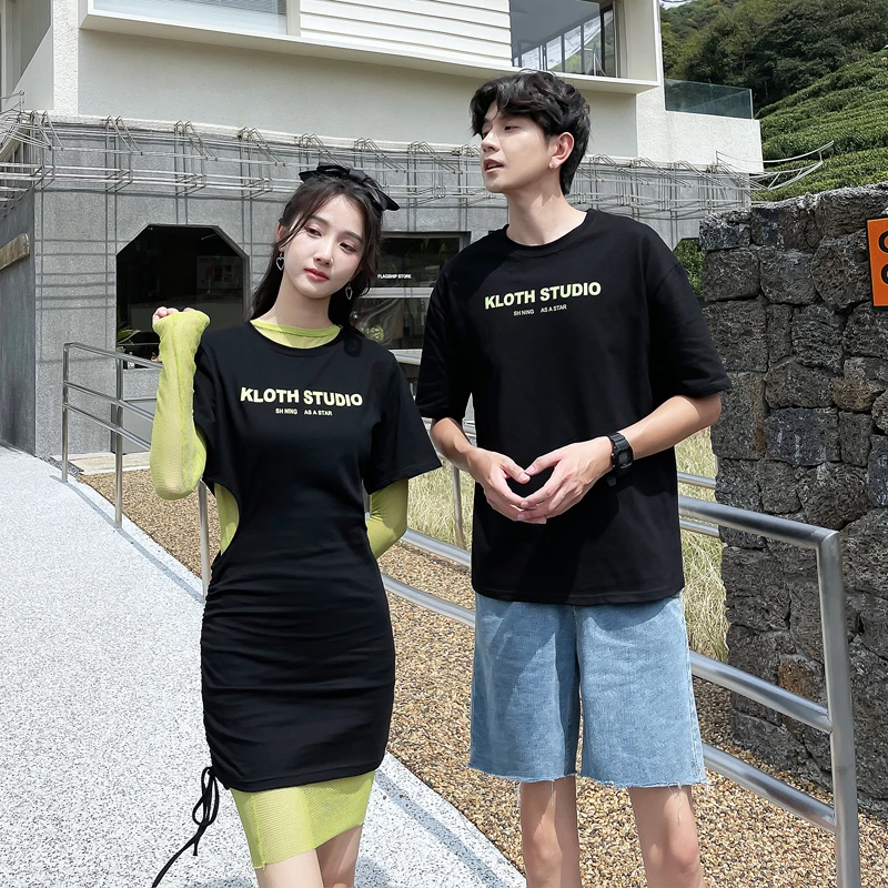 [6216 #] летнее газовое Платье с принтом для девочек и мужчин футболки одежда пар |