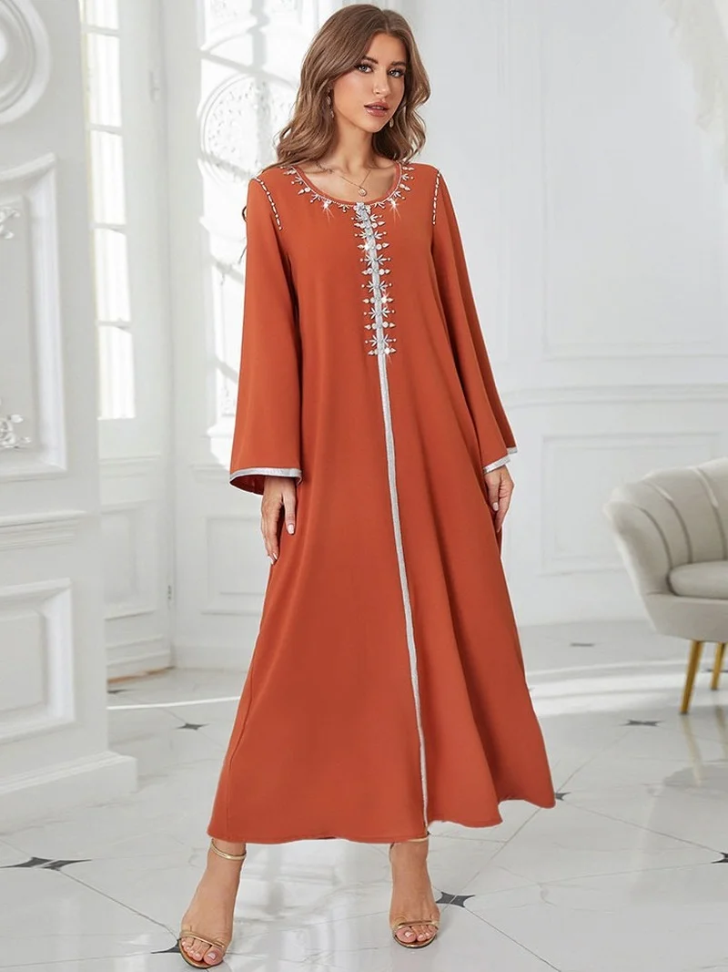 Kaftan Arabic Long Dress Women Hand Sew Rhinestone Muslim Moroccan Party Caftan Saudi Gulf Jalabiya Ramadan Dubai Abaya Orange