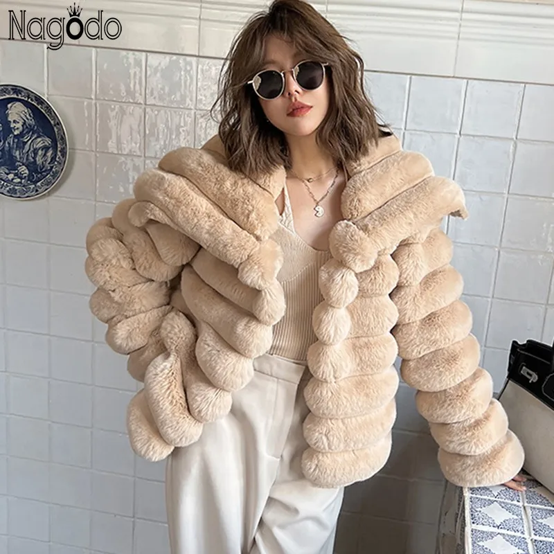 

Nagodo Faux Fur Coat Women 2022 Autumn Winter Lapel Collar Fashion Thick Warm Short Fluffy Coat Ladies Fur Furry Jacket
