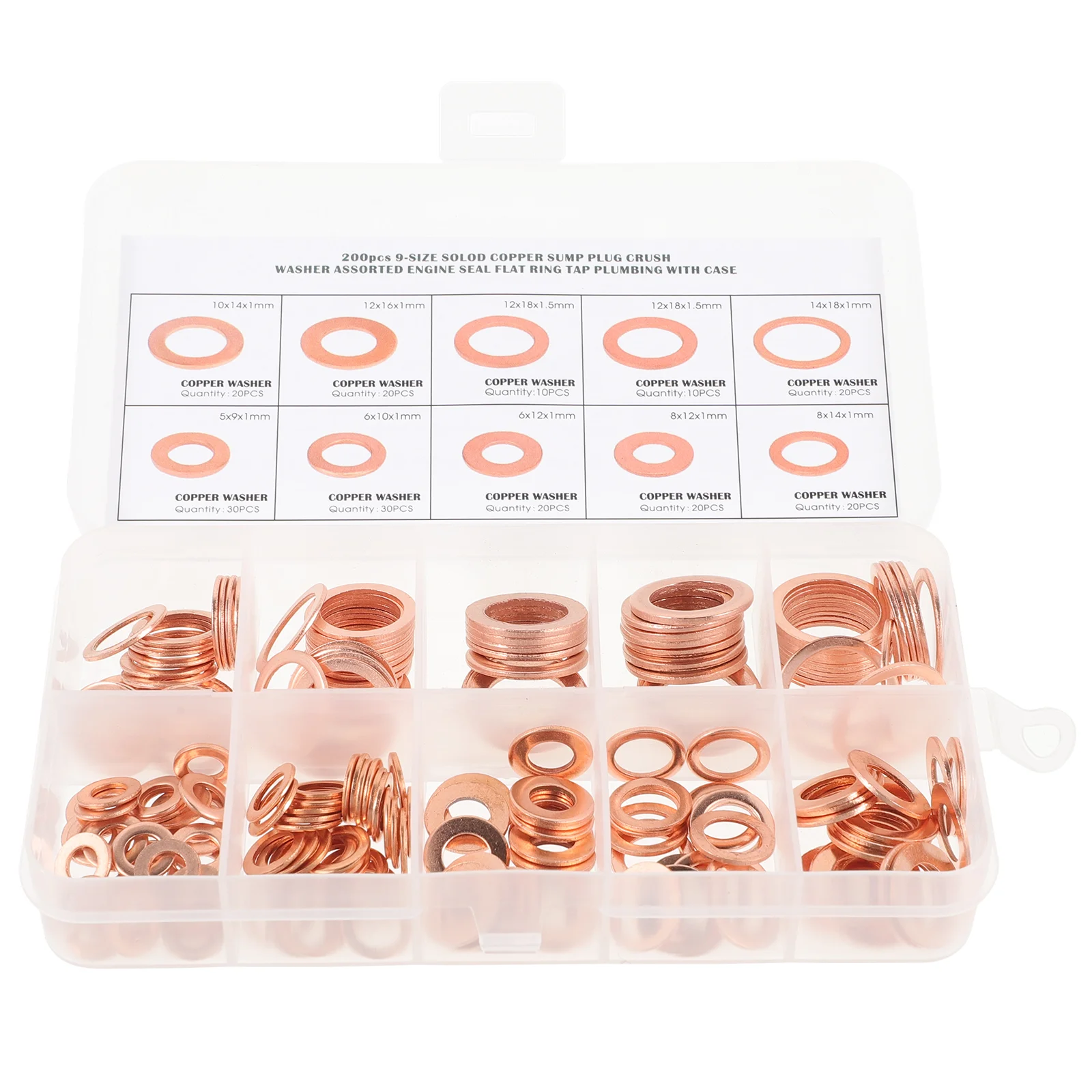 

200 Pcs Drain Plug Copper Sealing Washers Flat Assortment Kit Assorted Crush Plastic Oil Gasket