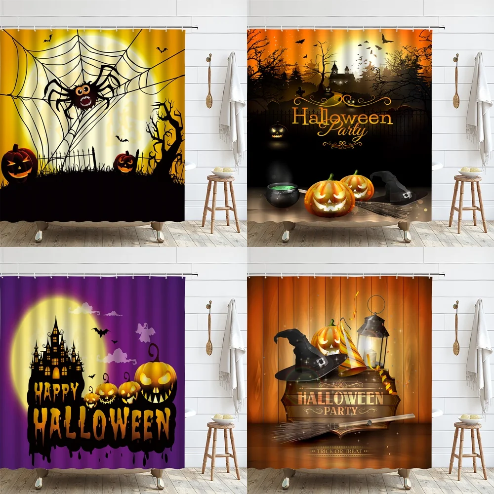 

Halloween Shower Curtain Cartoon Ghost Spooky Pumpkin Black Cat Spider Web Bat Magic Hat Holiday Decor Fabric Bathroom Curtains