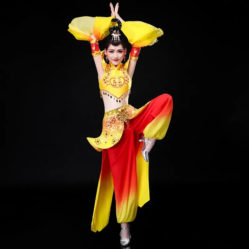 Желтый танцевальный костюм Dun Huang для женщин танцевальная одежда Бодхисаттва