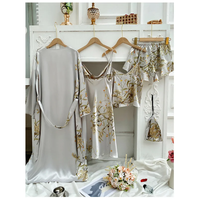 4PCS Summer Pajamas Set Women Sexy Kimono Strap Floral Print Ladies Dressing Sleepwear Satin Homewear Robe Nightgown Nightdress