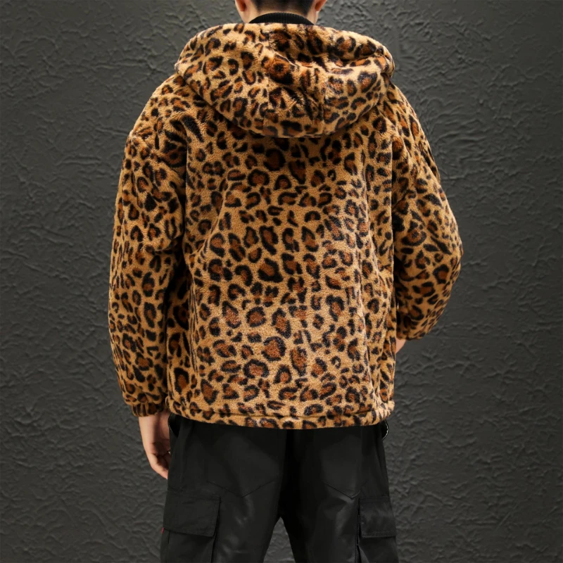 Winter leopard coat men's thickened loose hooded padded jacket couple double-sided fleece Men's winter jackets parkas Man coat