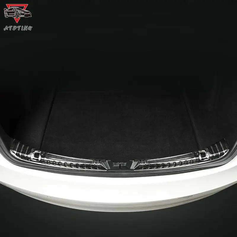 Фото Внутренняя защита для багажника Tesla Model 3 Model Y из нержавеющей стали, модель 3 2022, внутренняя защитная пластина заднего бампера автомобиля, обшивка, новый стиль №2