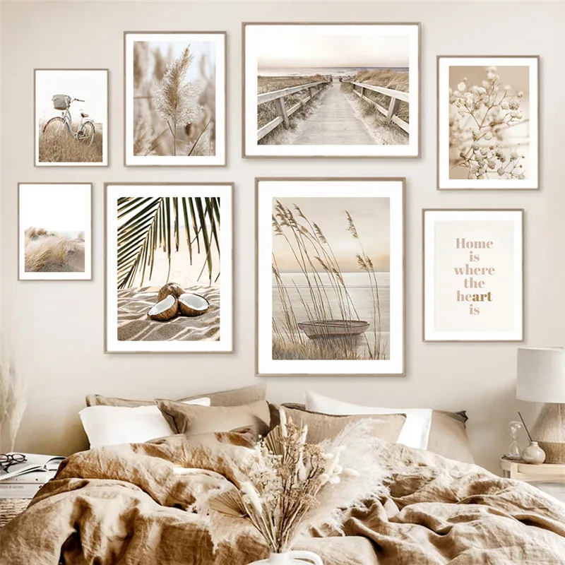 

Boho Beige Nature Reed Grass Lake Bike Beach Wall Art Canvas Painting Poster Picture for Living Room Decoration Home Decor