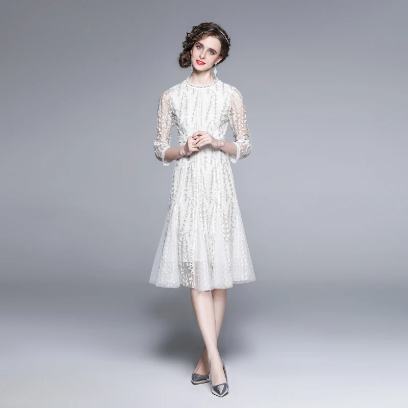 

Women Springr Designer Elegant Embroidery Mesh Dress Lace Patchwork Cocktail Party Robe Female Vintage Mermaid Dress Vestidos