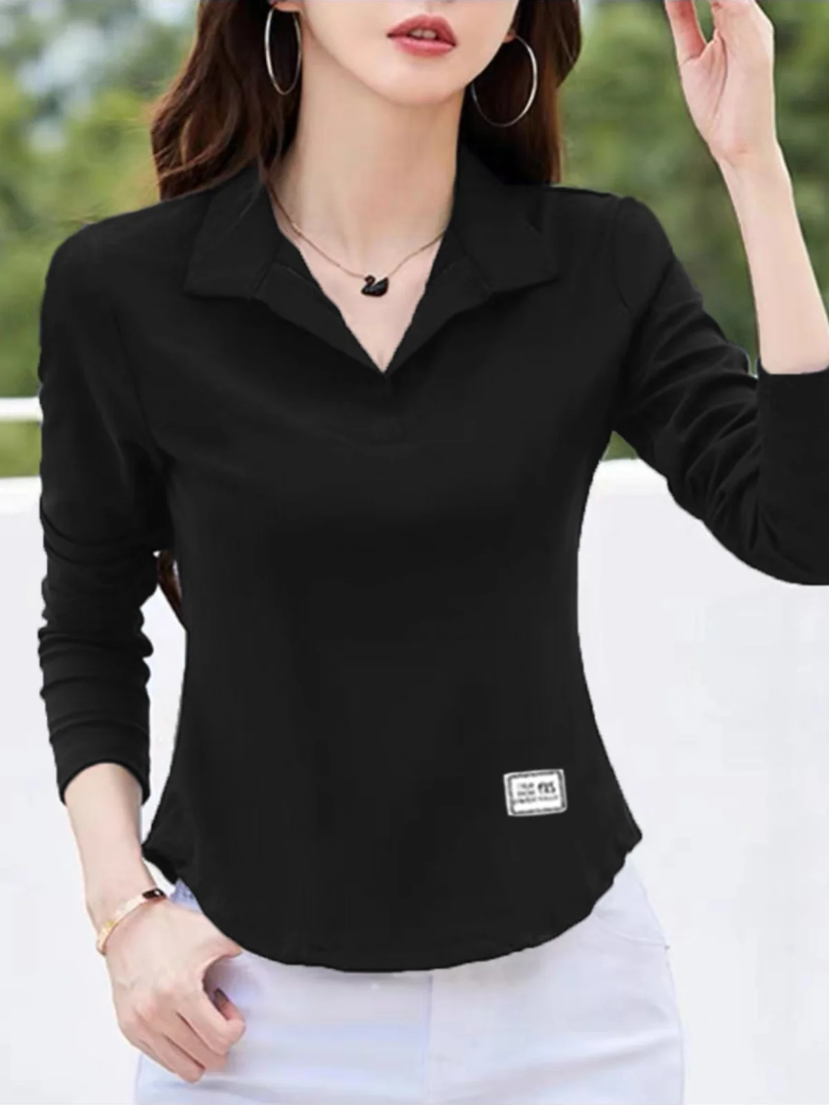 Модная рубашка из чистого хлопка с воротником-поло и длинными рукавами женская