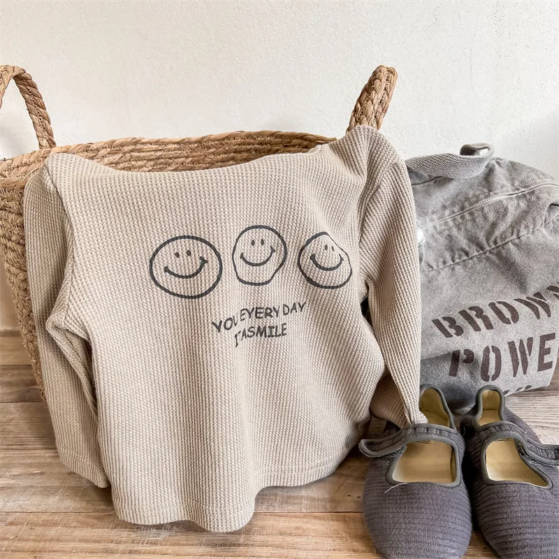 Children Long Sleeve T Shirt New Cartoon Smiley Letter Printed Girls Loose Pullover Kids Boys Cotton Casual Bottoming Tops