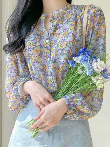 Женская шифоновая блузка, на пуговицах, с V-образным вырезом и длинным рукавом, повседневная, весна-осень, DF3896