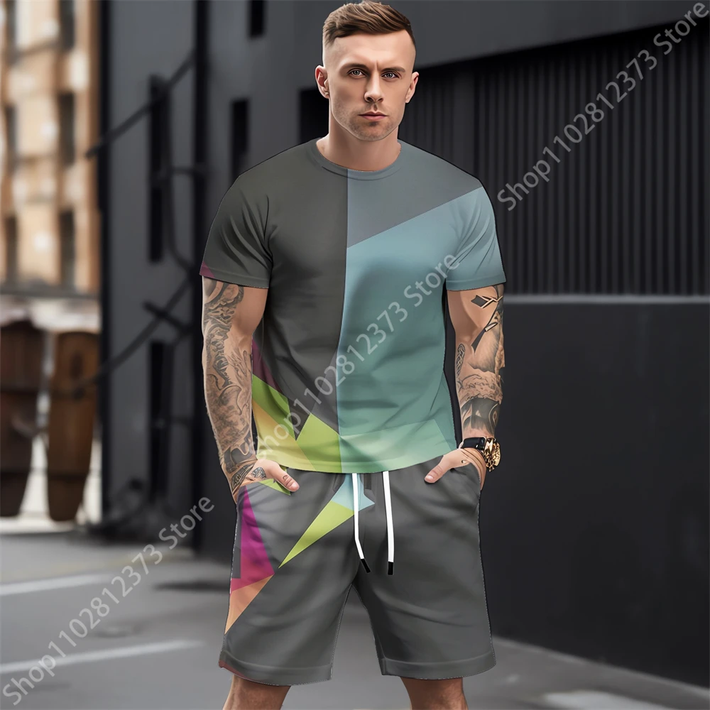 2023 Summer Man Tracksuit Men's Short Sleeve T-shirt+Shorts Two Piece Set 3D Geometric Printing Fashion Street Wear Men Clothing