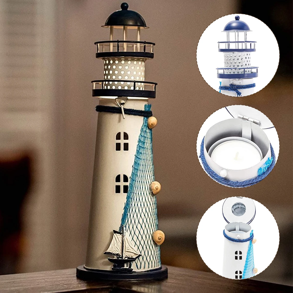 

Metal Lighthouse Decor with Candle Holder Nautical Lighthouse Ornament Decorative Mediterranean Tower Light for Home Desktop Dec