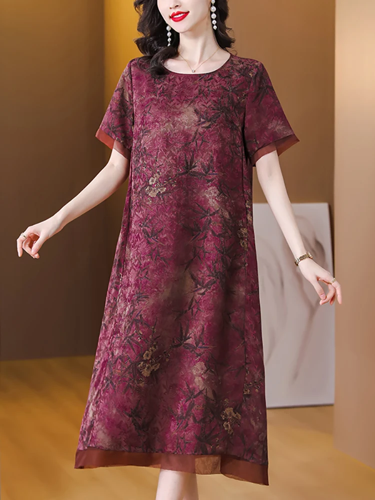 

Summer Green Print Silk Loose Waist Midi Dress Women Red Fashion Luxury Elegant Dress 2023 Korean Vintage Casual Holiday Dresses