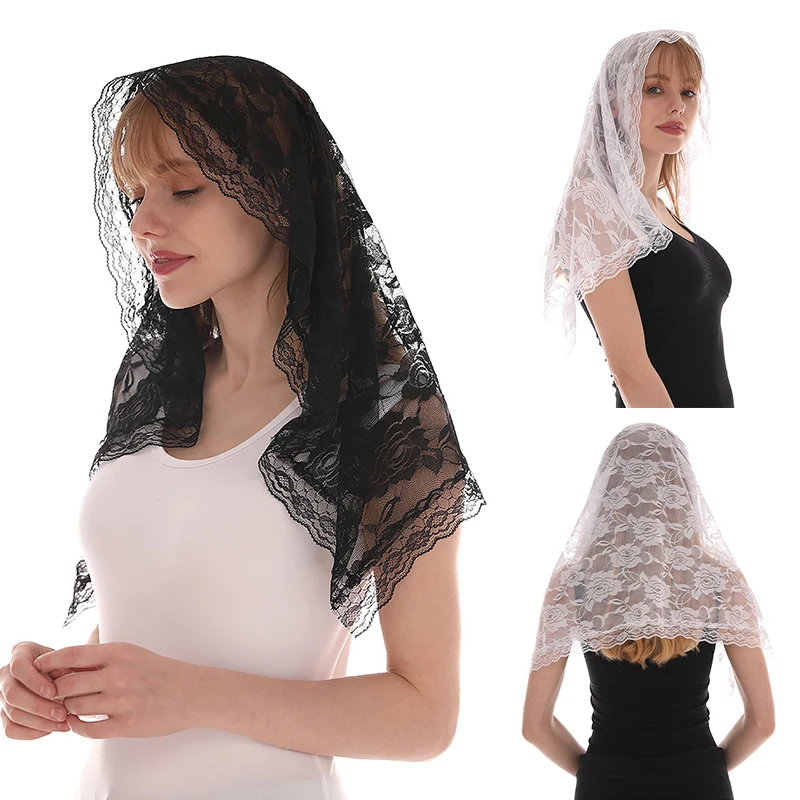 

White Women Spanish Mantilla Lace Catholic Veil Chapel Scarf for Church Shawl Head Covering Scarf Mass Shawl Muslim Woman Veil