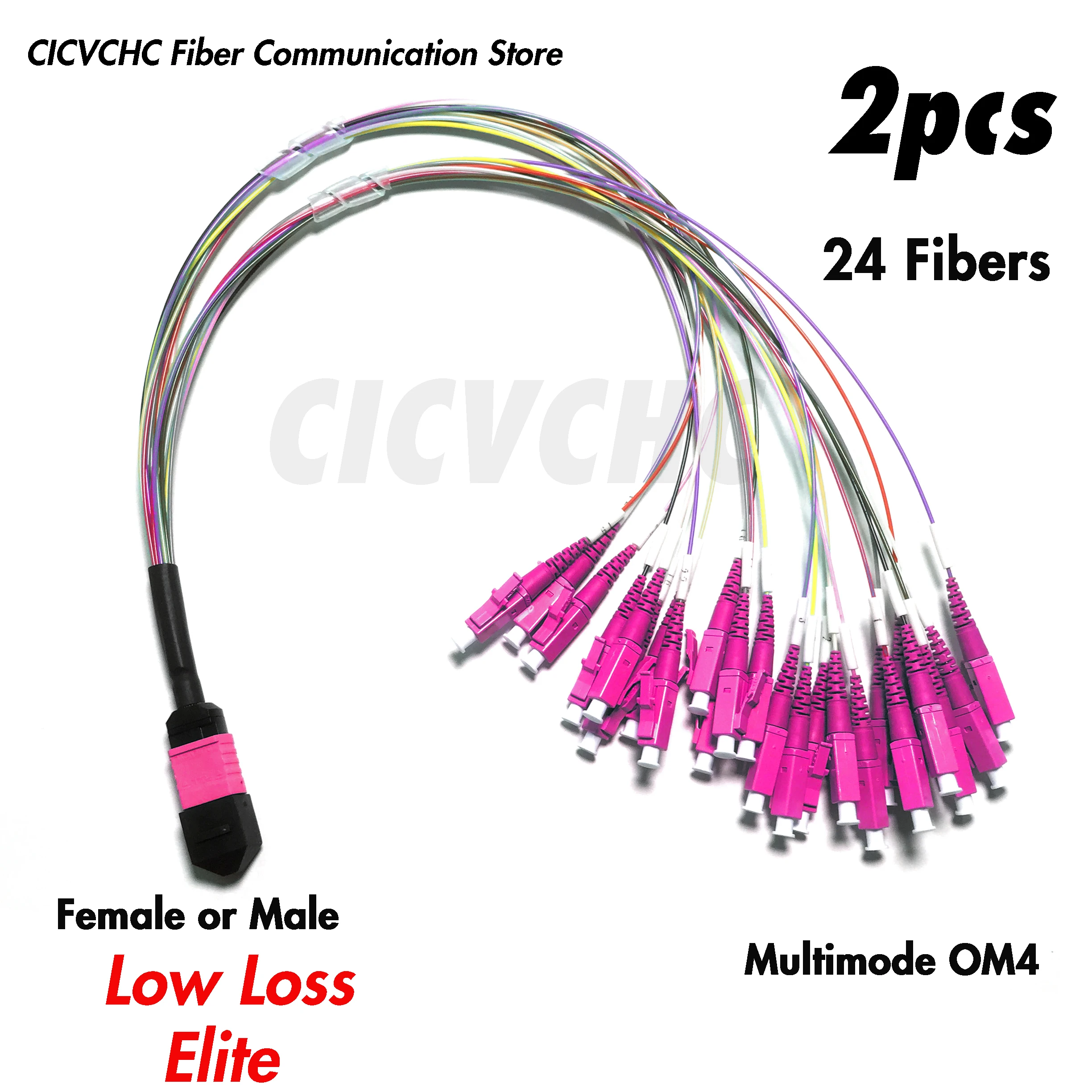 2pcs 24 Fibers MPO/UPC- LC/UPC-Harness cable-MM OM4-Elite/Low loss-Male/Female-0.35m -0.9mm colored tube