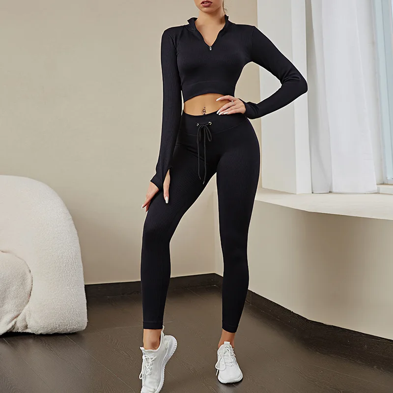 New Seamless Ribbed Yoga Set Sport Outfit For Woman Long Sleeve Crop Top High Waist Trouser Workout Gym Suit Women's Tracksuit
