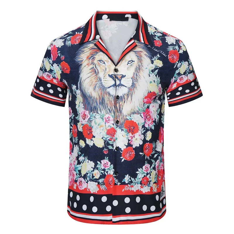 

New Streetwear Hip Hop Fashion Aloha Tropical Top Hawaiian Beach Shirts European Lion Flower Print Shirt Camisa Floral Masculina