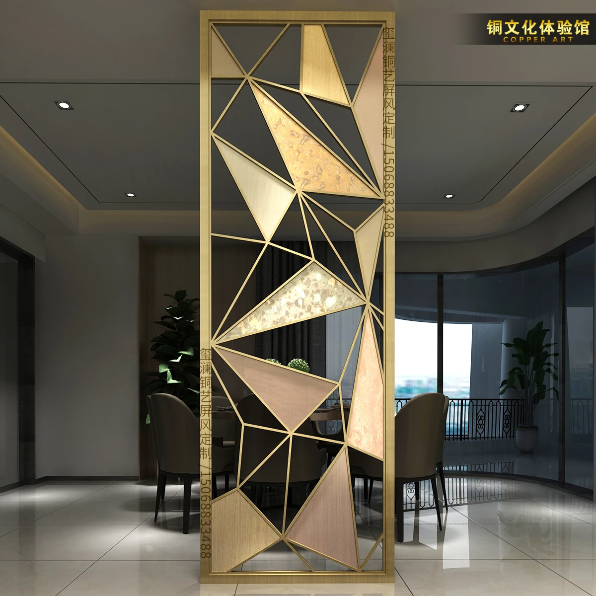 

Rotatable screen partition porch American-style villa living room light luxury metal hollow lattice copper carving