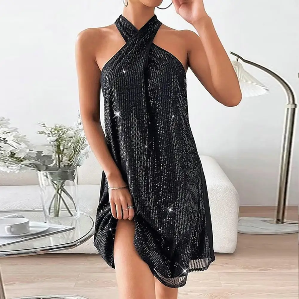 

Мини-платье с лямкой на шее, блестящее свободное платье-трапеция с открытыми плечами и блестками, с лямкой на шее, для вечеринки, выпускного вечера, вечеринки