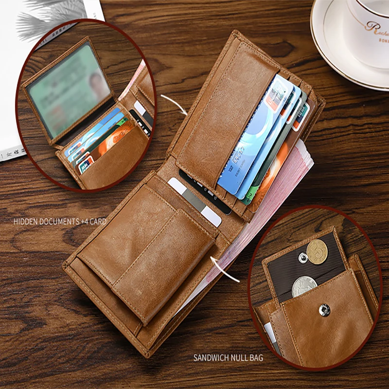 

Vintage Multifunctional Cowhide Leather Men's Wallet Bus ID Credit Card Holder Coin Purse Anti-theft Money Coffee Brown Wallet