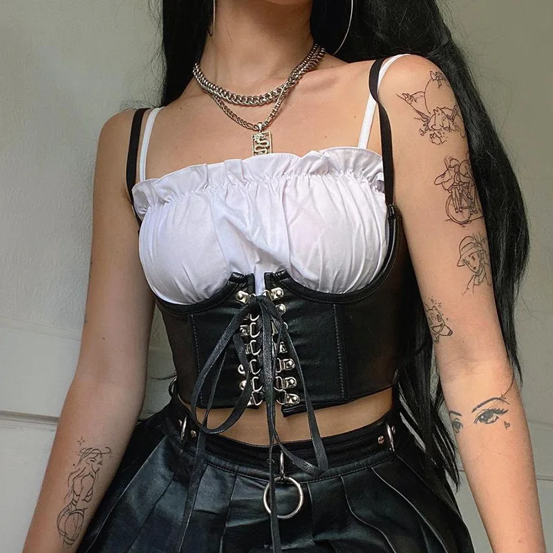 

Streetwear Gothic Dark PU Leather Crop Top Women Hook Lace Up Punk Style Tank Top Cummerbunds Corset Tops To Wear Out