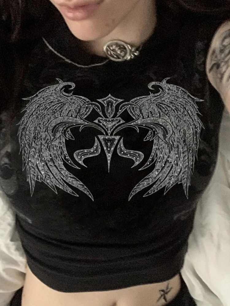 

Y2k Goth Tee Tops Summer Aesthetic SlimStreetwear Gothic Harajuku Graphic Print T-shirt Women Tank Vintage Crop Top Clothes