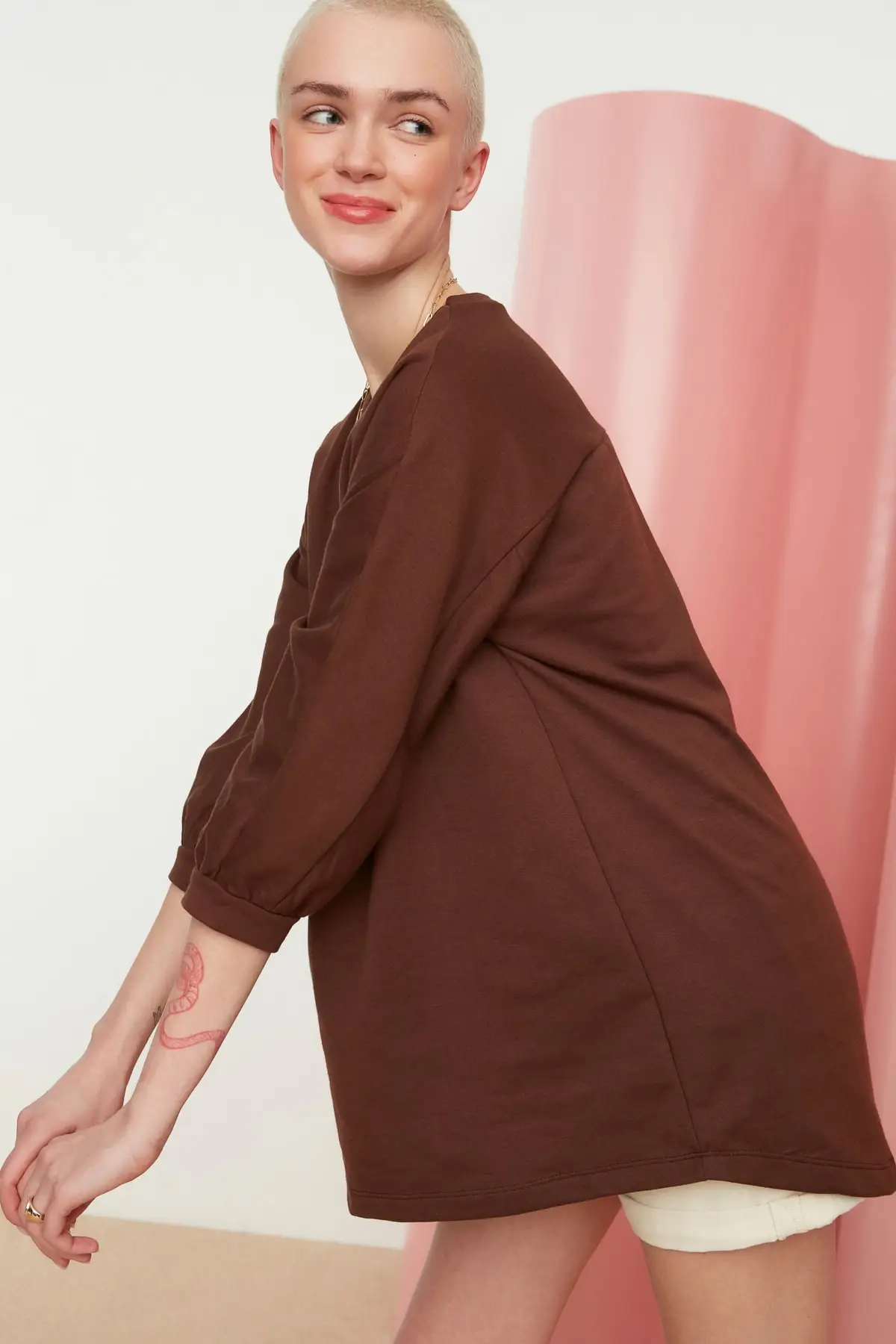 

Women's Sweatshirt Brown Three Quarter Sleeve Knitted Thin Hoodies Fashion All Season New Pullovers Fleece