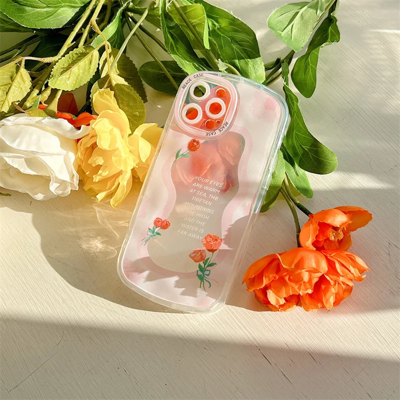 

For iphone 11 12 13 Pro Max XR X Xs Max Phone Case Transparent Frame Pink Red Rose Letter Silicone Soft Skin Friendly Sweet Case