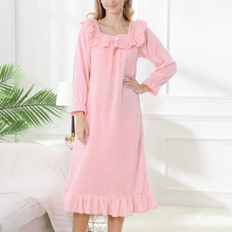 Flannel Nightgowns Women Fleece Long Sleeve Thick Sleepwear Nightdress Warm Homewear Autumn Winter Thicken Sleepshirt Nightwear