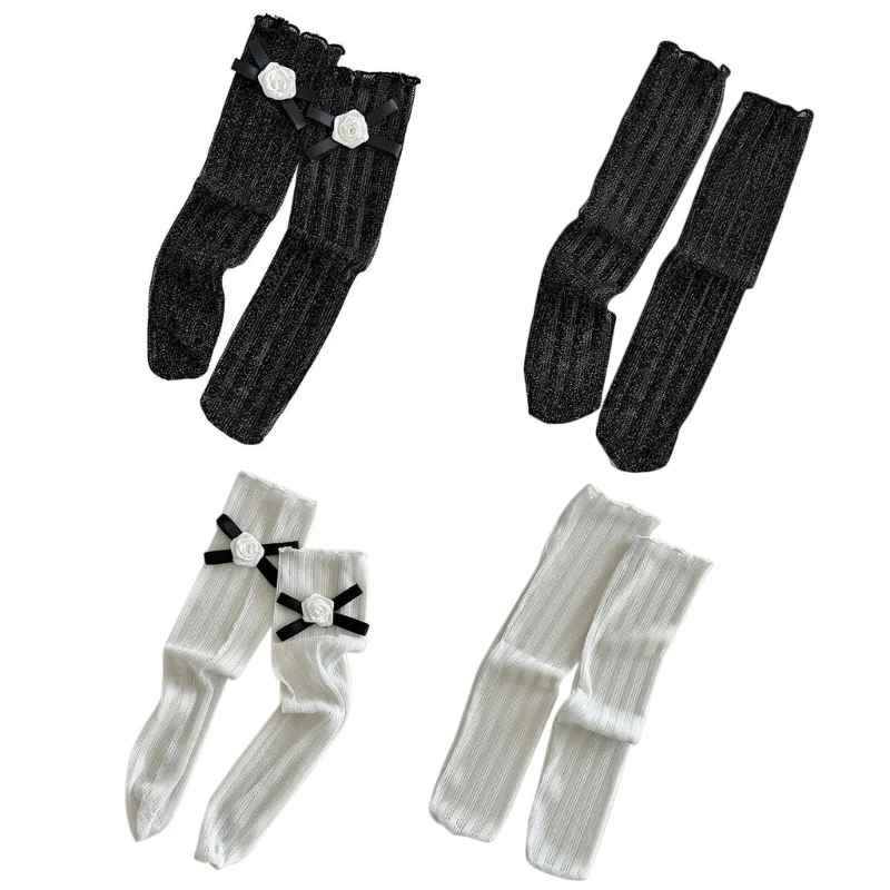 

Womens Floral Lace Calf Socks Ruffle Trim Middle Tube Stockings Japanese Style Lace Bowknot Socks