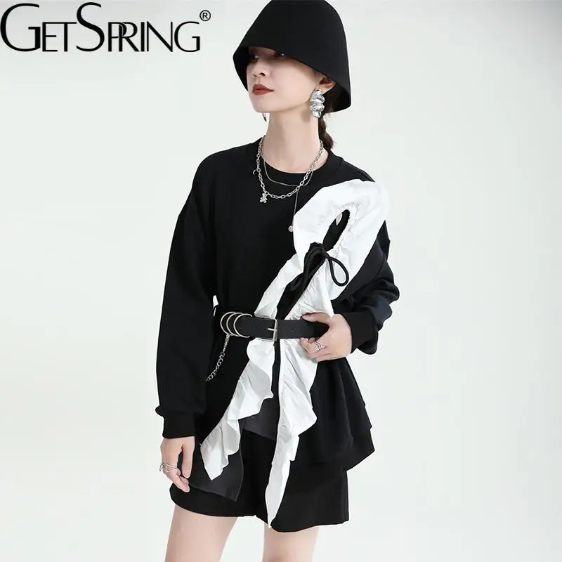 

GetSpring Women Hoodies Irregular Cotton Patchwork Womens Sweatshirt Pullovers Long Sleeve Loose Casual Female Tops All Match