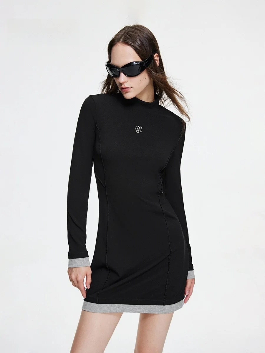 Повседневное простое лоскутное платье с воротником-стойкой и короткой юбкой