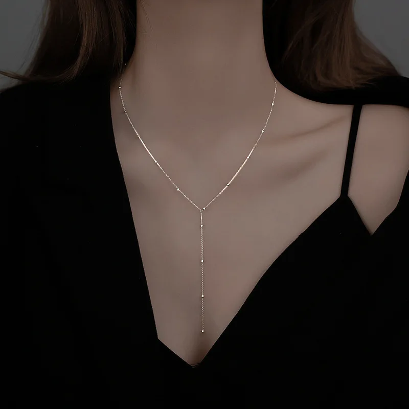 

Real gold plating geometric tassel necklace summer new fashion simple collarbone chain senior sense retro collars female