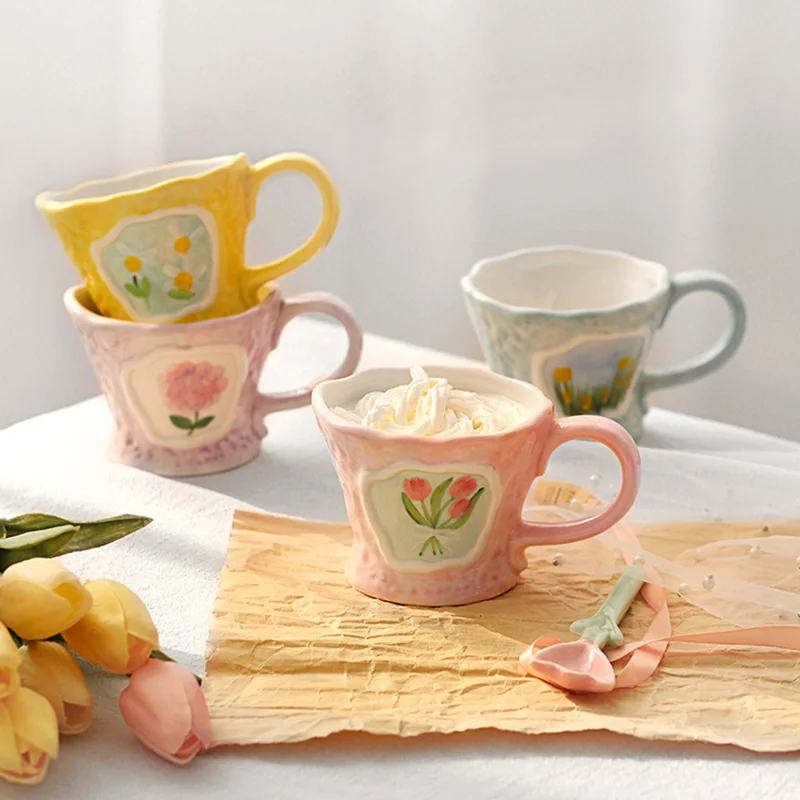 

Ceramic Mug Flower Handpainted Coffee Milk Tea Cup Drinkware Kitchen Underglazed Color Water Mugs Creative