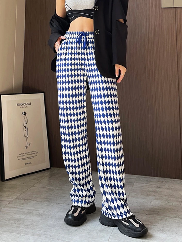 

Women All-match Basic Summer BF Style Minimalist Ladies Plaid Printed Full Length Trousers Wide-leg Chic Leisure Popular Pants