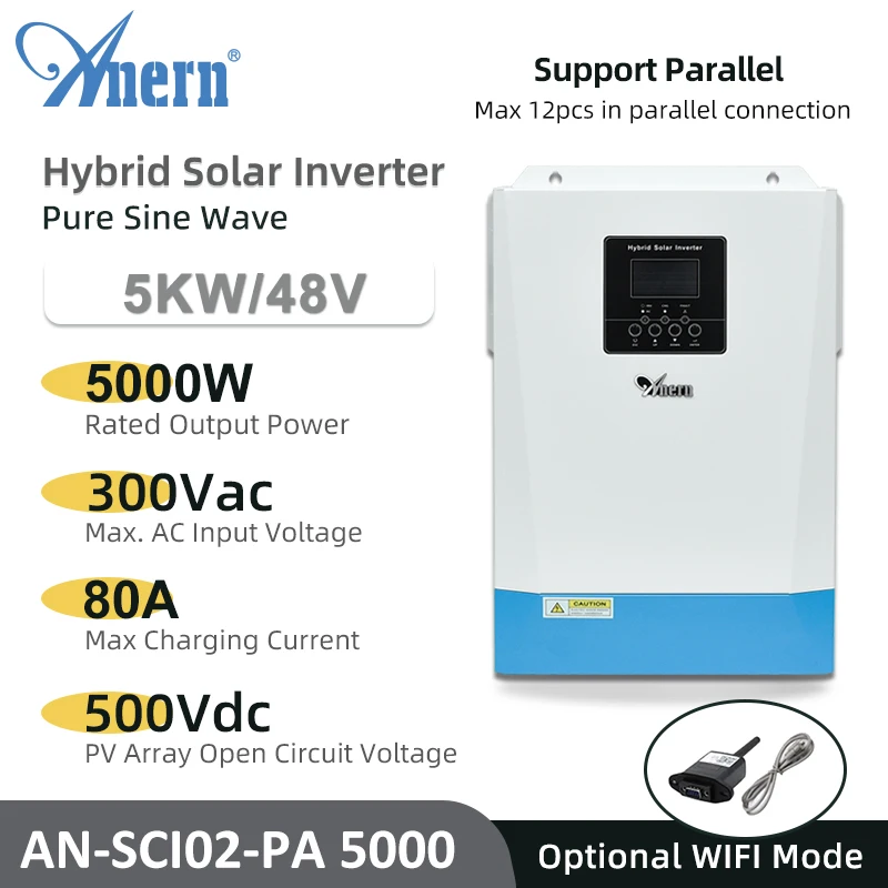 

Anern 5KVA 5000W Hybrid Solar Inverter 48V Pure Sine Wave Off Grid Inverter 500Vdc PV Input 80A MPPT Charger Support Parallel