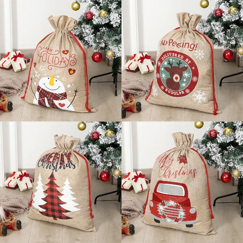 Новый год 2023 большие рождественские сумки для чулок льняные подарочные с Санта