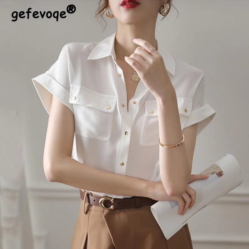 Lapel Shirts Women Solid Elegant Office Lady Chic Summer Single Breasted All-match Trendy Young New Style Leisure Blouse Korean